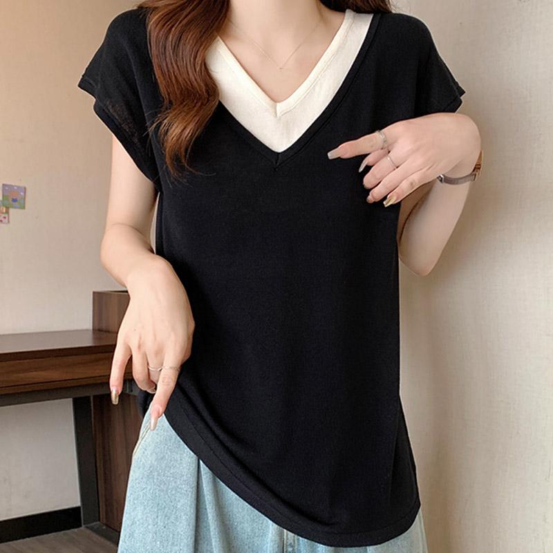 Women Sweaters Pullovers 2025 Summer Short Sleeve V-Neck Spliced Black Knitted Sweater Women Tops Pullover JJ231