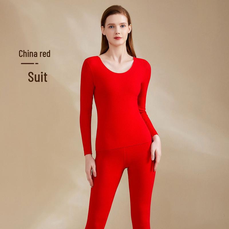 Women's Fleece-Lined Cashmere Silk Thermal Underwear Set - Seamless Round Neck, Antibacterial German Velvet Autumn Pants