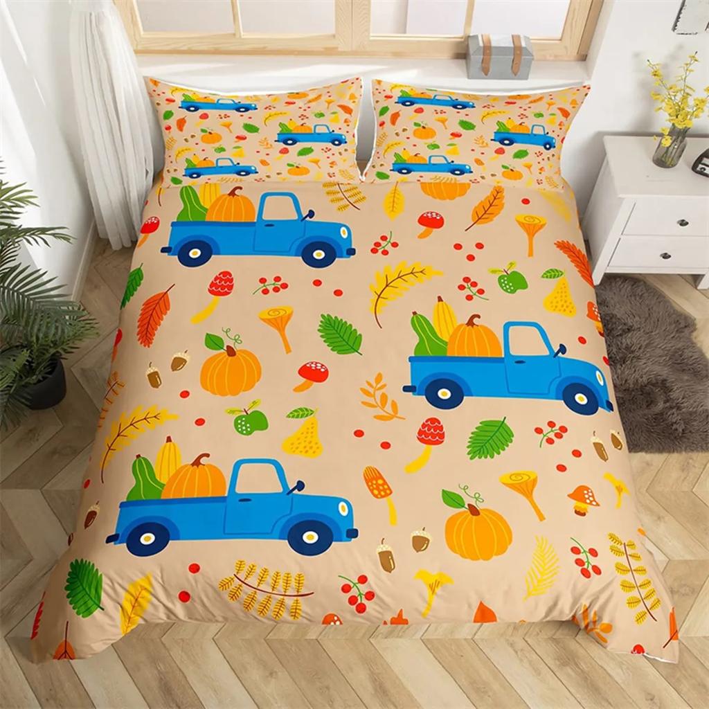 Fall Maple Leaves Autumn Harvest Theme Duvet Cover Cartoon Christmas Santa Thanksgiving Pumpkin Holiday Decor Gifts For Children
