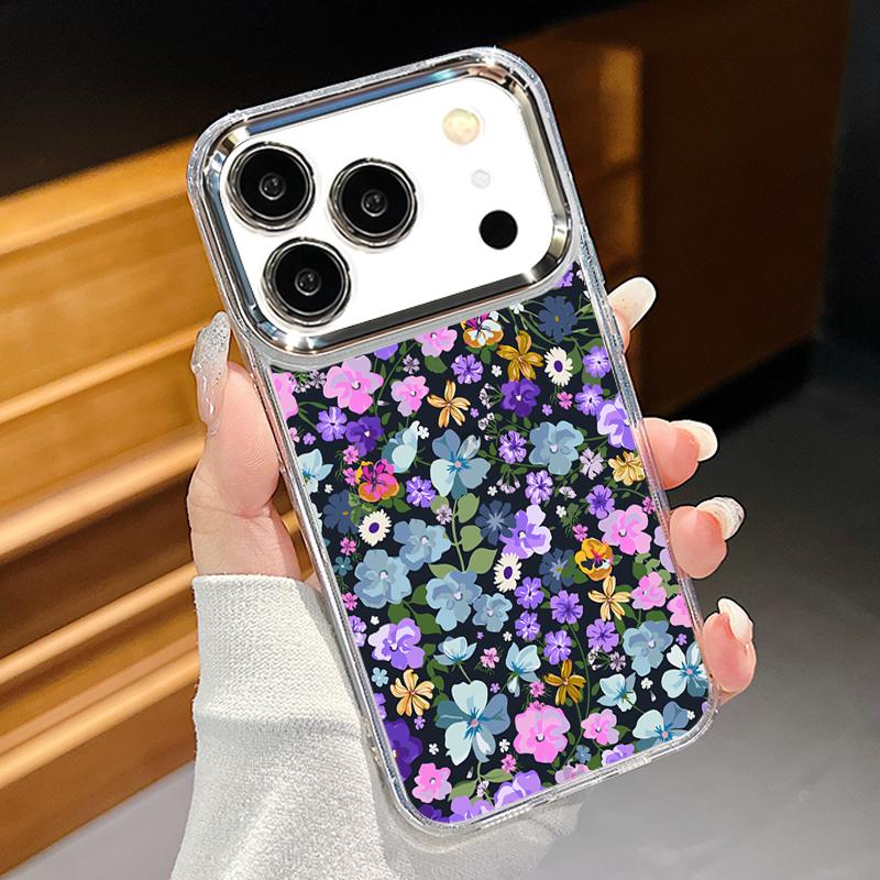 Oil Painting Flower Case For iPhone 17 Pro Max iPhone 16 15 14 13 Pro Max 11 17e 16e Plating Lens Frame Clear Soft Silicone Back Cover