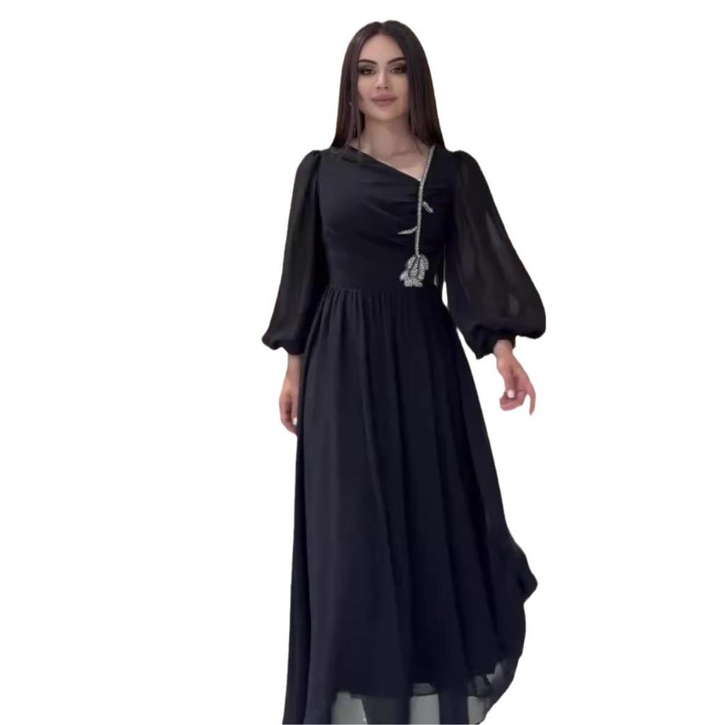 2024 Summer European & American Slimming Mesh Dress with Slanted Collar & Lantern Sleeves