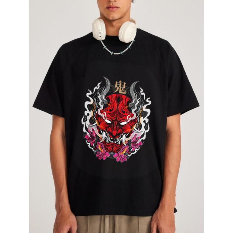 Black T Shirt Men Streetwear Red Demon Mask With Cherry Blossoms And Japanese Character On Front For Casual Hip Hop Fashion