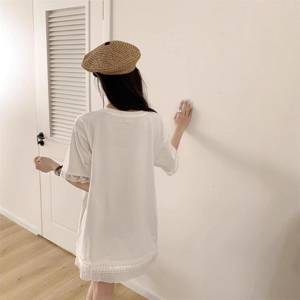 Mid-Length Cotton T-Shirt with Lace Trim – Casual, Loose Fit, Round Neck, Short Sleeve