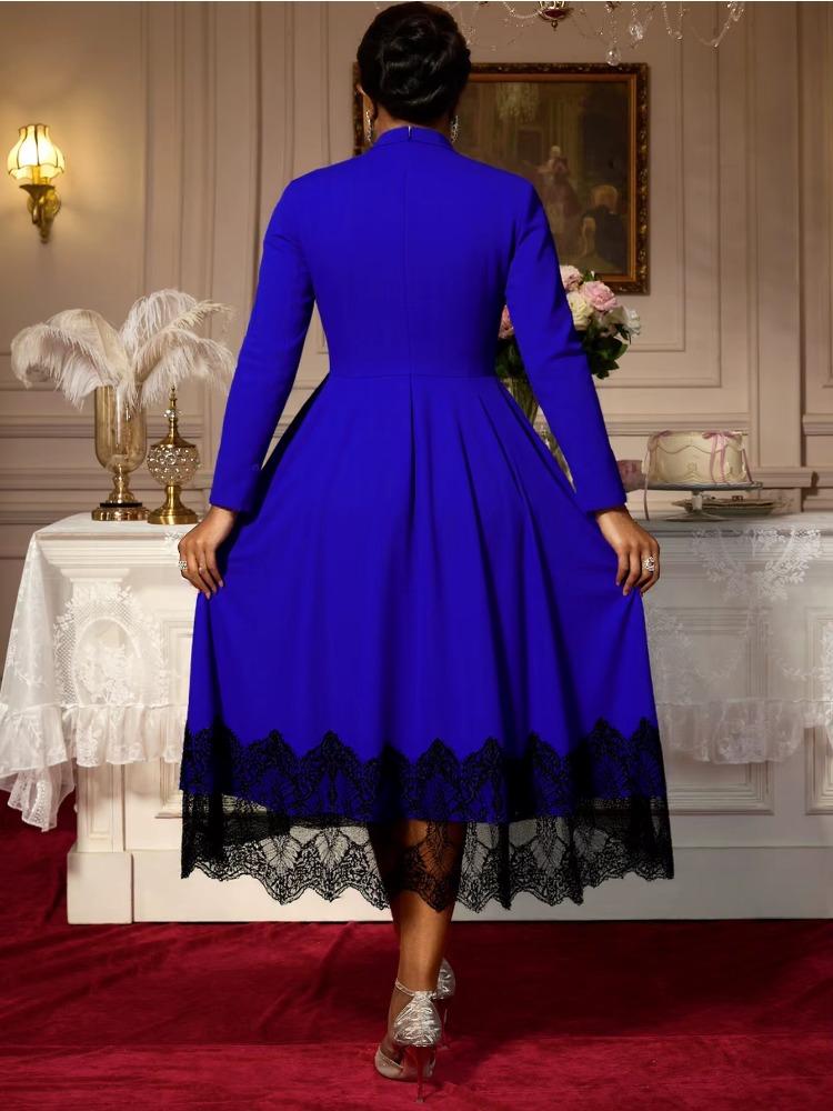Elegant Women A Line Maxi Church Dress Half High Collar Long Sleeve Patchwork Lace Pleated Classy Office Party Event Outfit 2025