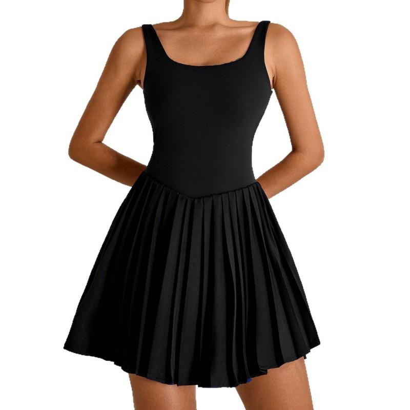 Womens Backless Sport Dress With Built-in Shorts Pleated Yoga Skirt Tennis Running Gym Outdoor Fitness