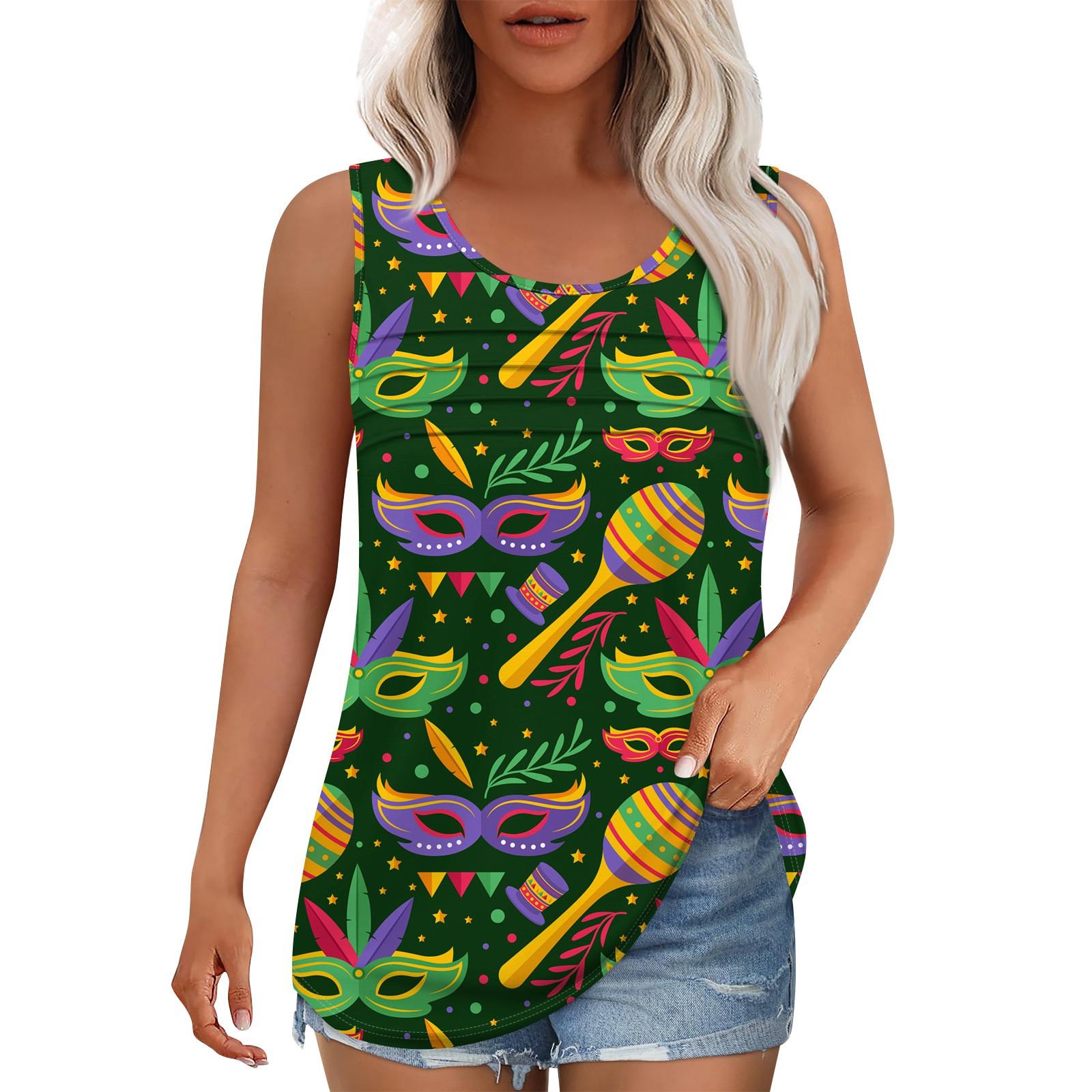 

Майка для женщин Летние наряды Без рукавов Блузки с принтом Повседневные свободные рубашки Округлый вырез Складки спереди S