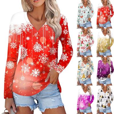 Women's Casual Fashion Sexy Comfort Christmas Printed V-Neck Button Long Sleeve