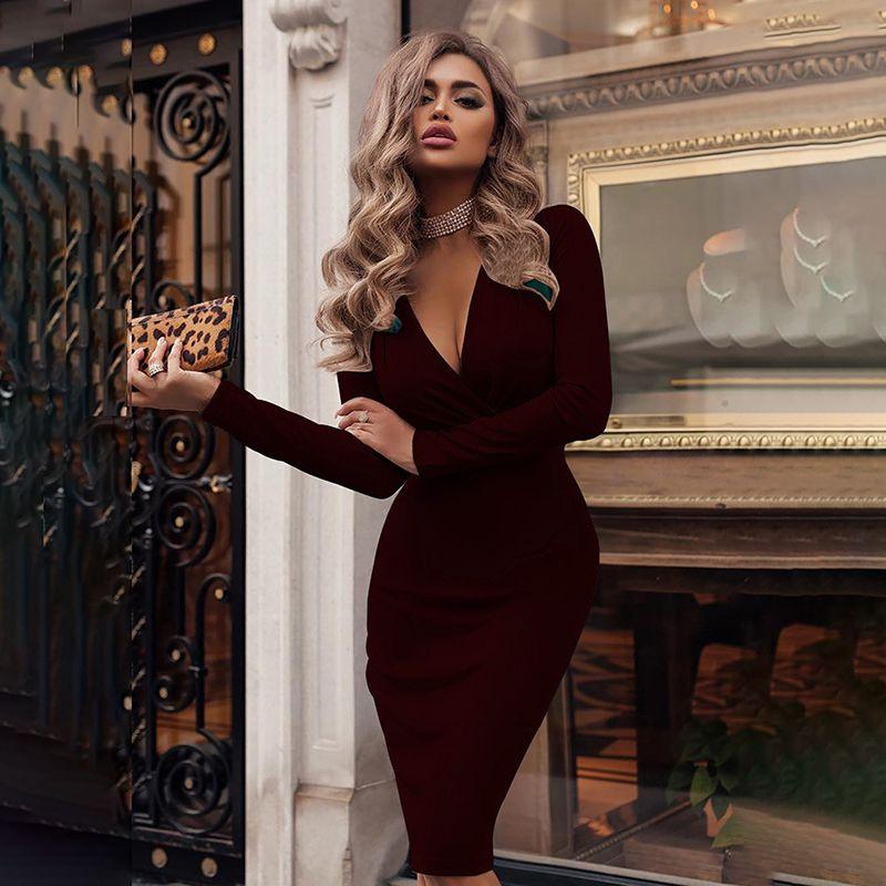 Neck Women V Long Sleeve Bodycon Sexy Dress Ladies Casual Evening Clubwear Party