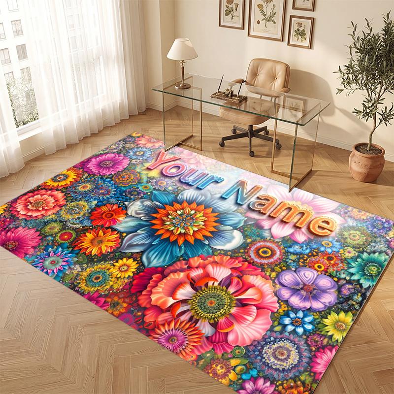 Floral Garden Theme Soft Crystal Velvet Rug Custom Name & Text Print Non Slip Floor Rug for Bedroom Living Room