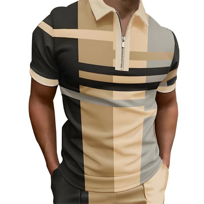 Stylish geometric pattern short-sleeve zip polo, ideal for casual daily wear.