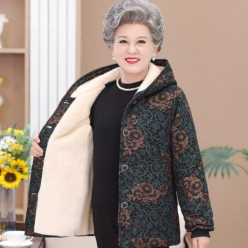 Grandma Winter Hooded Cotton Jacket - Thick, Warm, Plus Velvet for Middle-Aged & Elderly Women