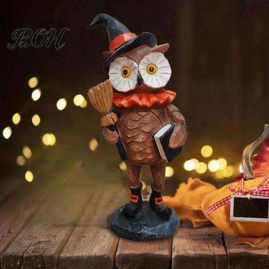 Resin Figurine Ornaments Wooden Halloween Figurines, Pumpkin Scarecrow Wizard Owl Black Cat Tabletop Decorations Statue, Rustic Desktop for