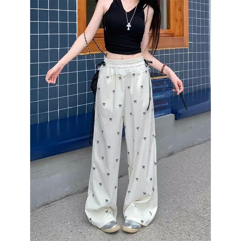 Women's Summer 2026 Sweet & Spicy Lace Trim Bow Knot Wide-Leg Pants with Elastic Waist