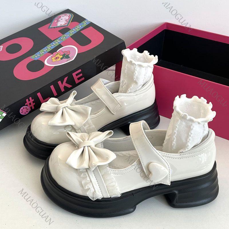 Fashion Cute Bow Round Head Leather Mary Jane Shoes Versatile Thick Bottom JK Uniform Lolita Shoes for Women Casual Thicke Heel Loafers