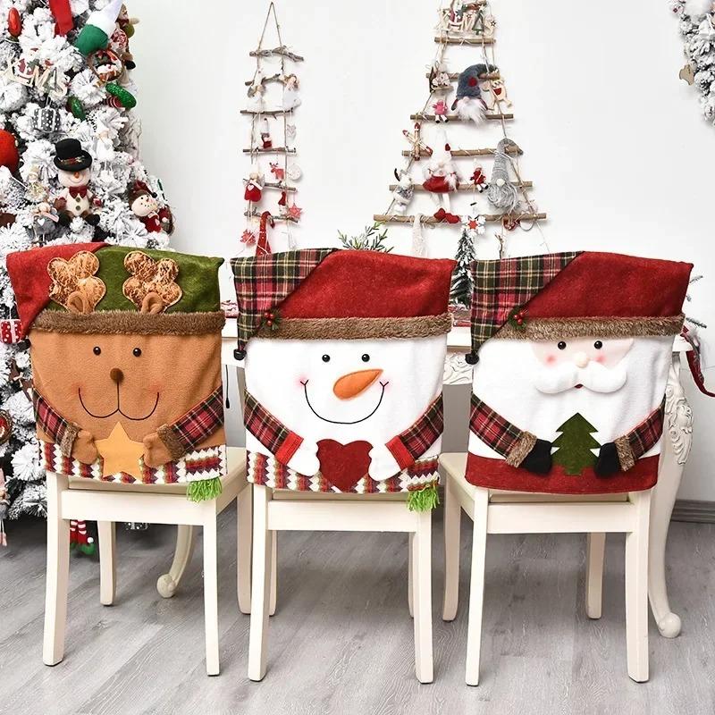 Christmas chair cover cute cartoon snowman Santa Claus reindeer Christmas party chair back cover, kitchen dining chair cover holiday party decoration