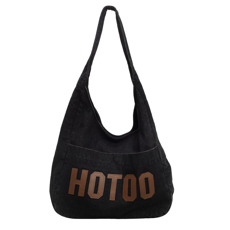 Student Shoulder Bag Letter Print Denim Bag Women's Large Capacity Commuter Tote Bag