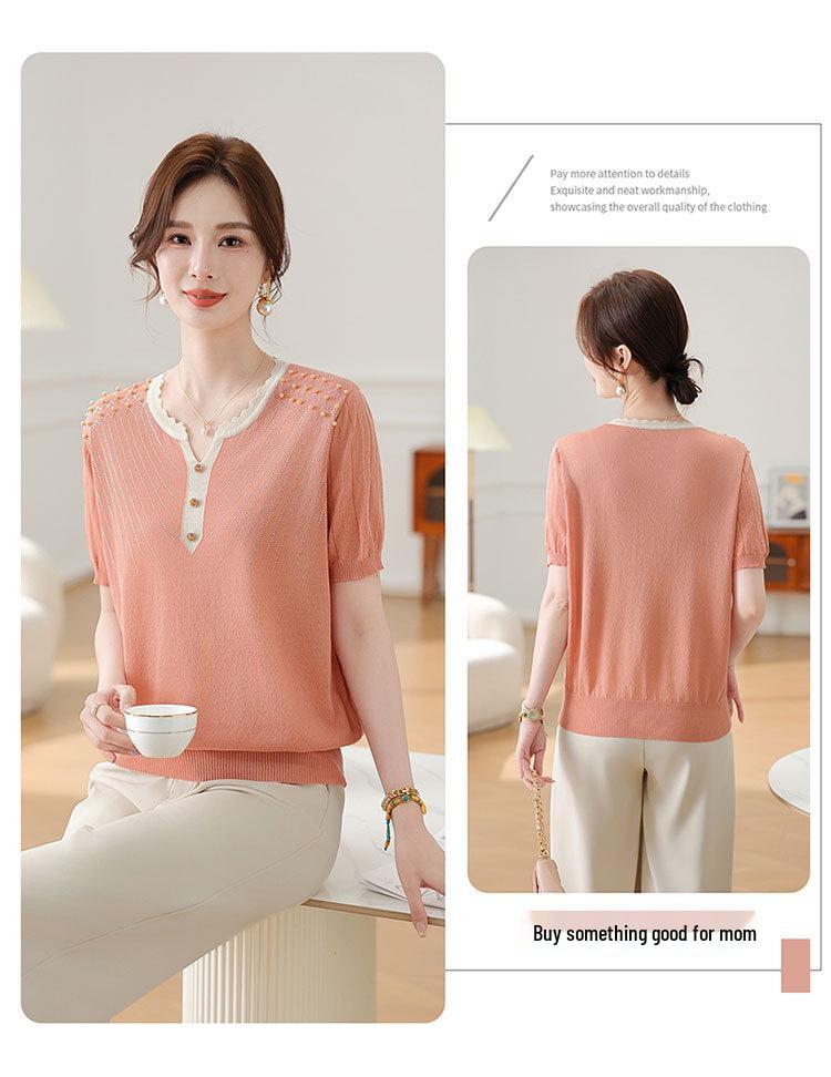 Stylish Summer Knit Top for Middle-Aged & Elderly Women - Loose Short Sleeve T-shirt