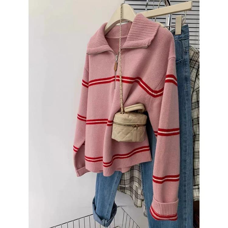

Женская мода свободные полосатые асимметричные вязаные свитера винтажные длинные рукава на молнии женские пуловеры шикарные серые и розовые топы Y2k XL розовый
