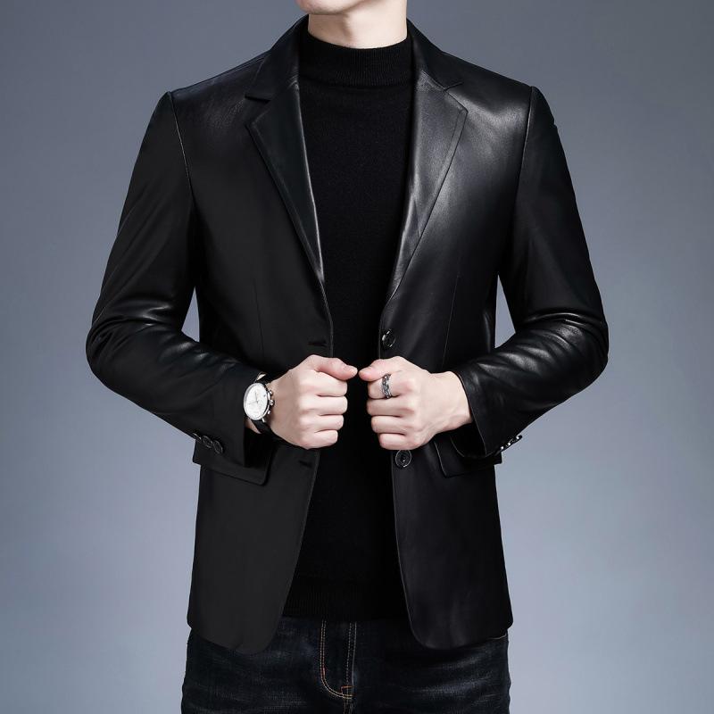 Sheepskin suit men's autumn new solid color lapel sheepskin jacket men's genuine leather suit