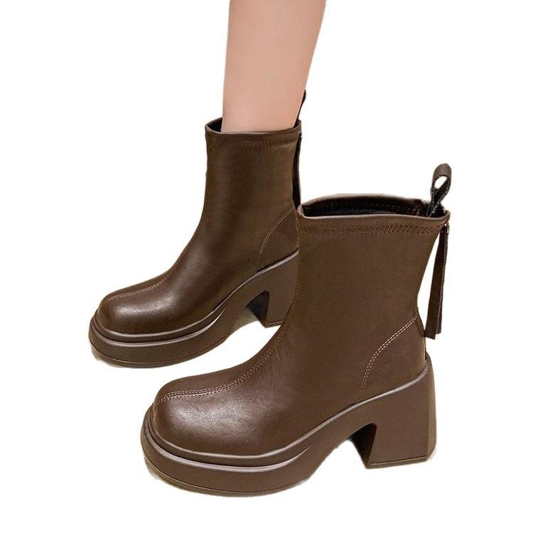 Retro black Martin boots women's 2025 autumn and winter new British style small man thick sole heightened thick heel thin short boots