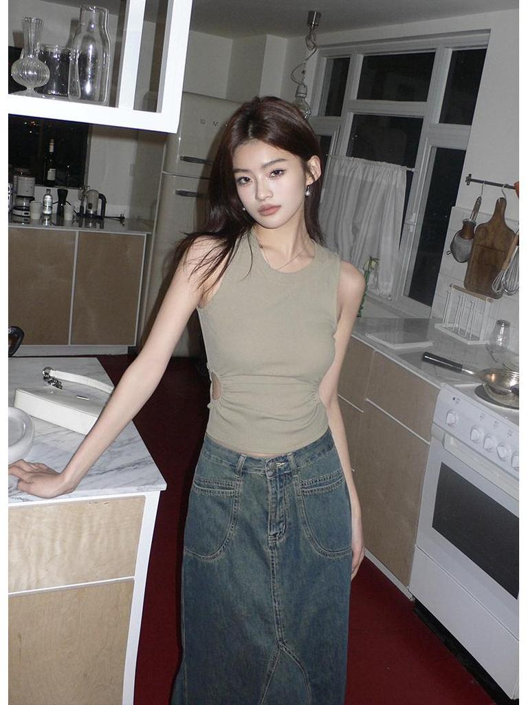 2026 Spring/Summer Women's Frayed Hem Irregular Slit Denim Long Skirt
