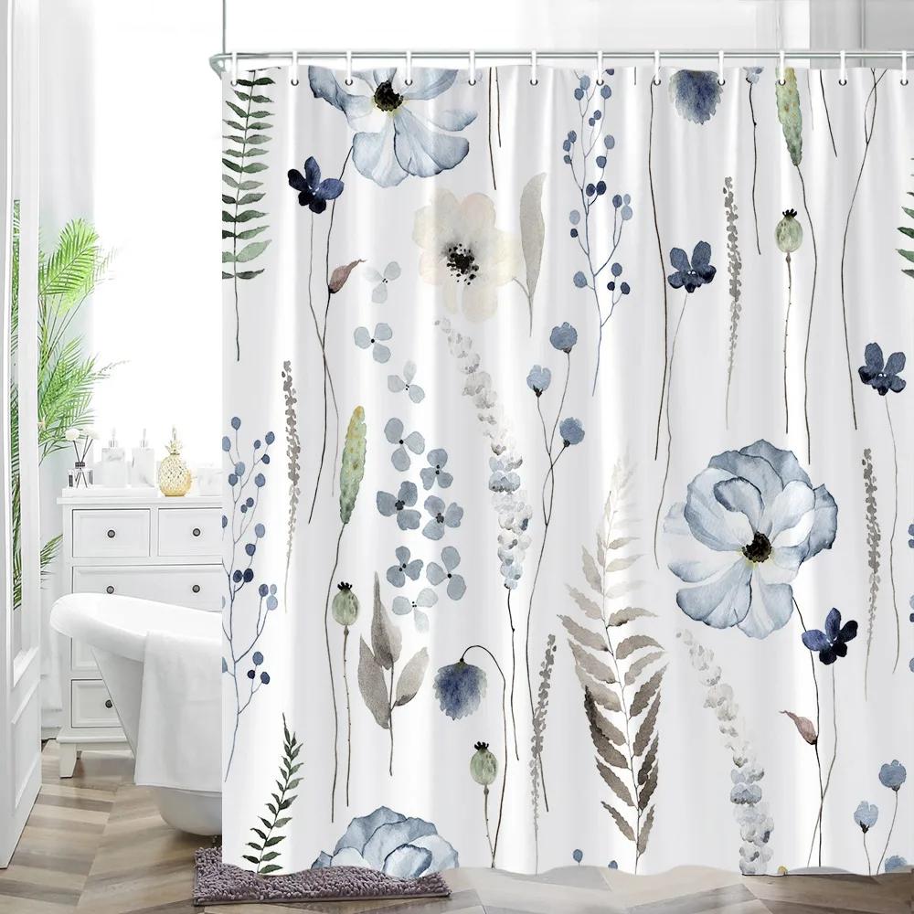 Yellow and Grey Floral Shower Curtain Watercolor Flower Shower Curtain for Bathroom Modern Minimalist White Fabric Bathroom Deco