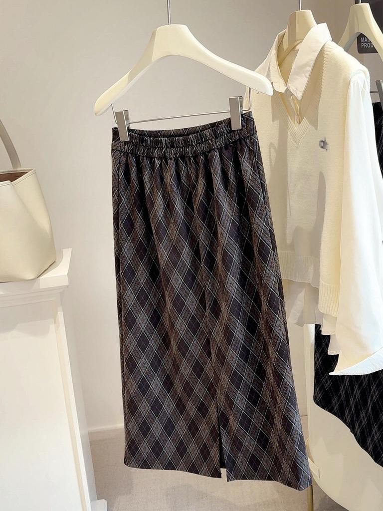 Fustă Midi Carouri Lână cu Talie Înaltă pentru Femei - Toamnă/Iarnă 2025, A-Line Mulate pe Șolduri cu Șliț