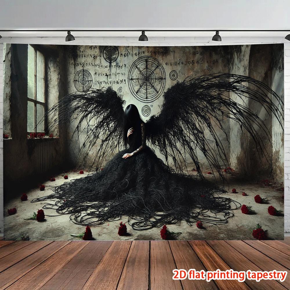 Gothic Fallen Angel Wall Hanging Tapestry, Dark Occult Symbol Art Decor Fabric, Unique Mysterious Ornament For Home Room