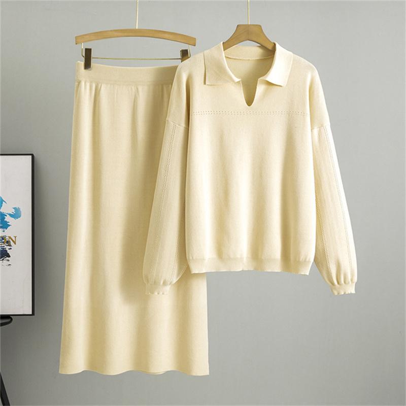 Autumn Women's Collar Half Skirt Set Knitted POLO Collar Simple Hollow Solid Color Loose Long Skirt Set