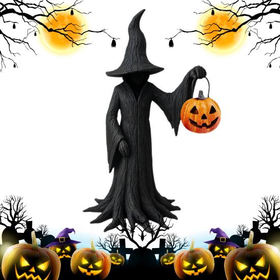 Halloween Witch Statue Gothic Enchanting Witch Figurine with Pumpkin Resin Tabletop Ornament for Haunted House Home Decor