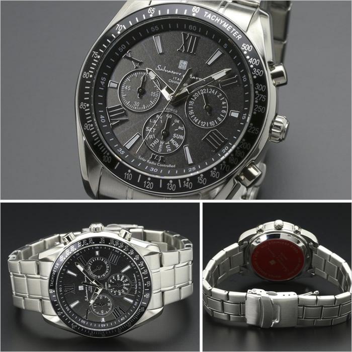 Salvatore Marra solar radio-controlled mens watch Black SM15116-SSBKSV elegant brand business office radio chronograph calendar silver spring gift