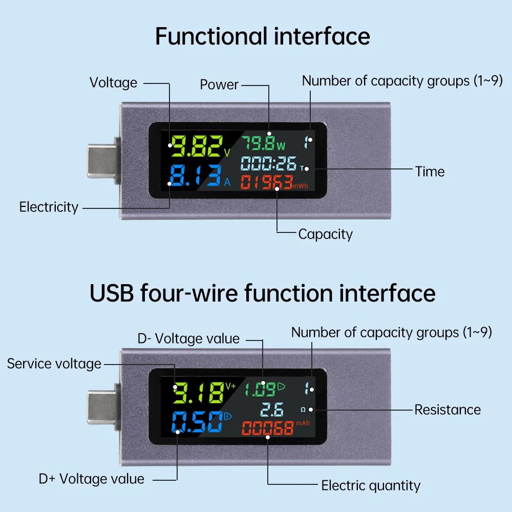 Voltage Meters Current Voltage Capacity Battery Tester USB/Type-C Volt Current Detector Charger Capacity Tester Meter DC 4-50V