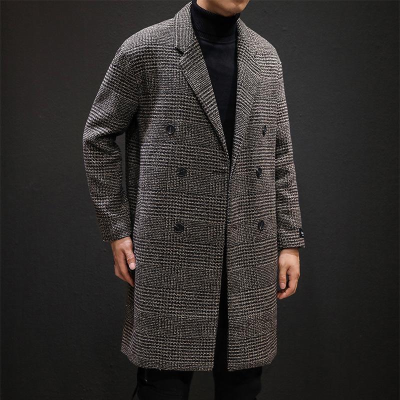Herren mittellanger karierter Woll-Trenchcoat - Trendige lässige Jacke im Hongkong-Stil für Herbst und Winter
