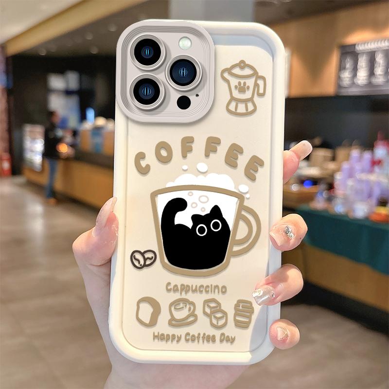 Cartoon Popular Coffee Cat Phone Case For IPhone 17 16 15 14 13 12 11 Pro Max Non-Slip Protective Soft Durable Flexible Cover