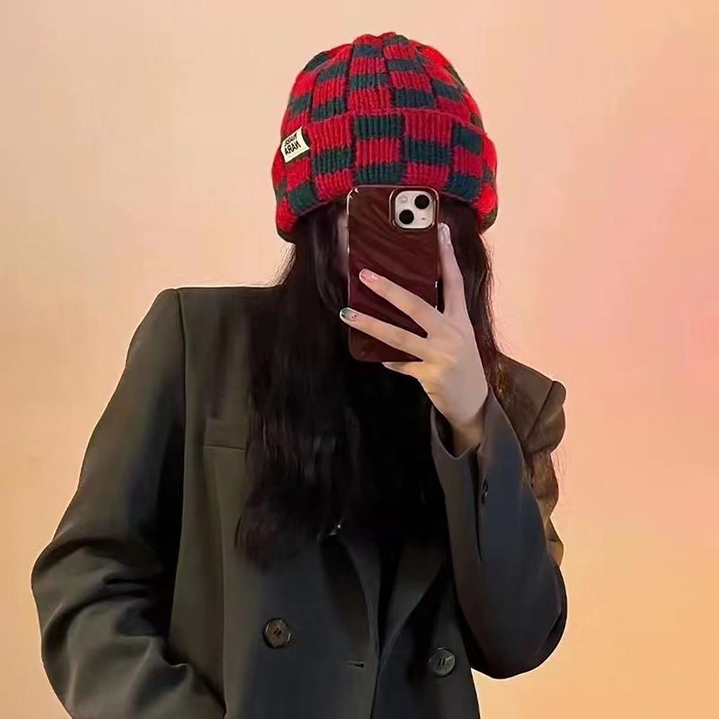 Vintage Plaid Beanie Cap for Women Autumn Winter Warm Knitted Woollen Hat Outdoor Anti-cold Skullies Caps