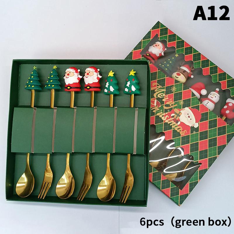 1/2/4/6 Stück Edelstahl Löffel Weihnachts Dessertlöffel Kuchengabel Cartoon Weihnachtsbaum Elch Löffel Gabel Weihnachtsgeschenkbox
