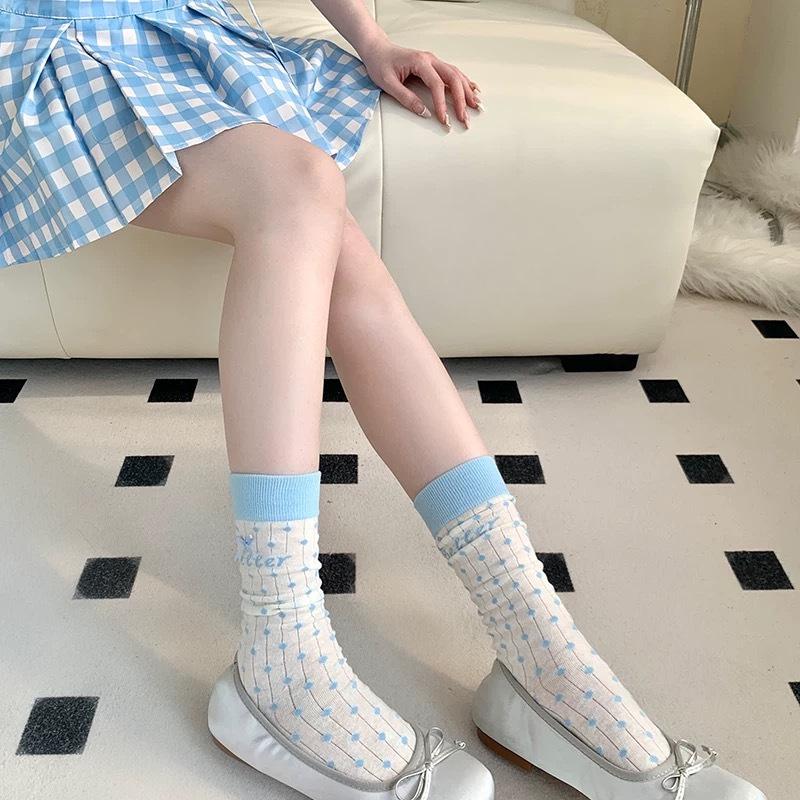 Women's Spring and Summer Thin Mid-calf Socks with Bow Polka Dot Lace White Lolita