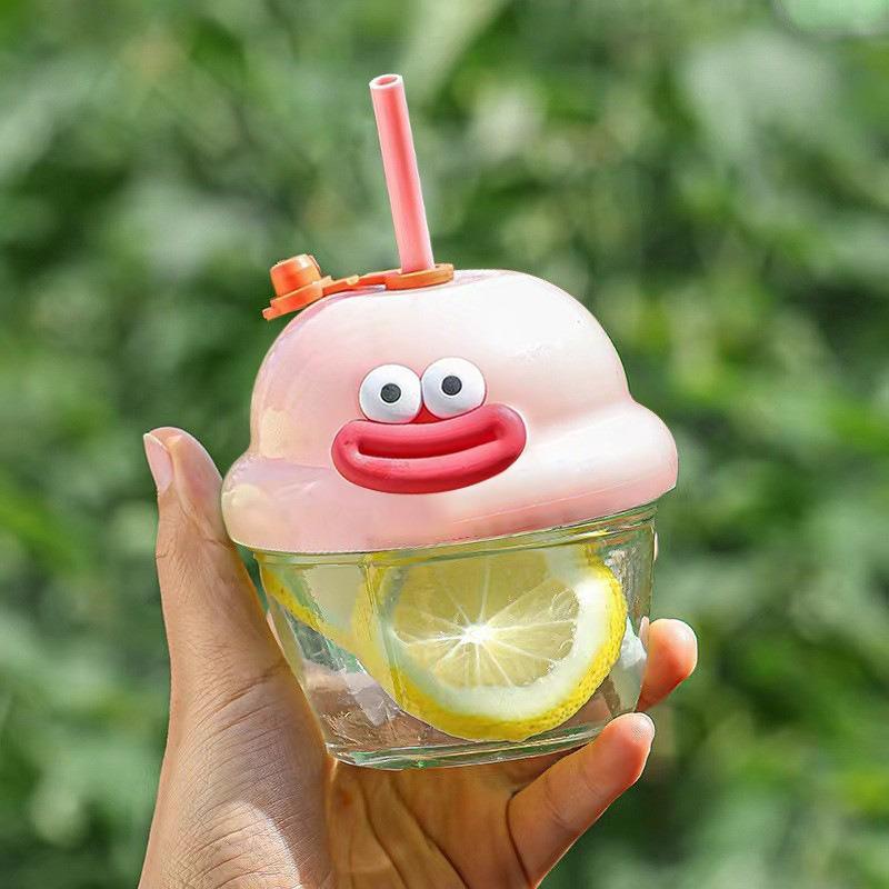 Cute Strawberry Bear Straw Cup, Glass Cup, Water Cup, Handheld Gift, Mini Dwen Dwen Cup