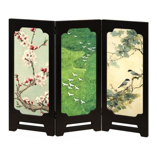 Yousheng Mini Floral Folding Screen Rustic 3 Panel Room Dividers Chinese Style Vintage Desktop Folding Screen Feng Shui Ornaments for Home Table Decor