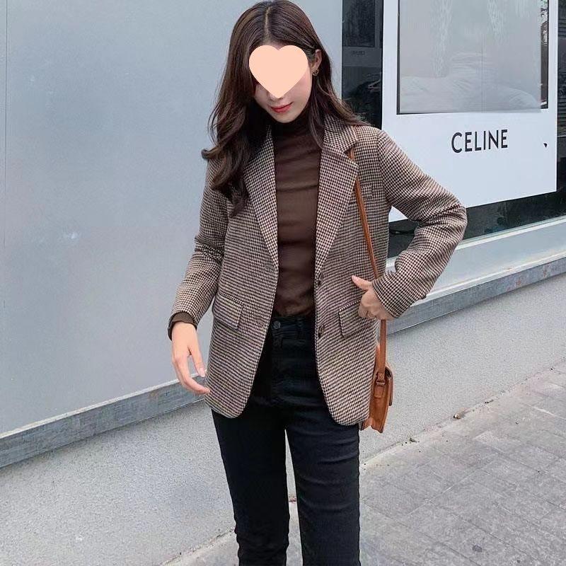 Sacou damă petite cu carouri houndstooth - Stil coreean și britanic 2025 pentru primăvară/toamnă