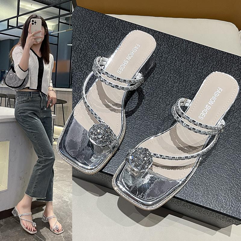 Summer New Korean Sandals High Heels Women's Shoes Pearl Square Heel Women Shoes