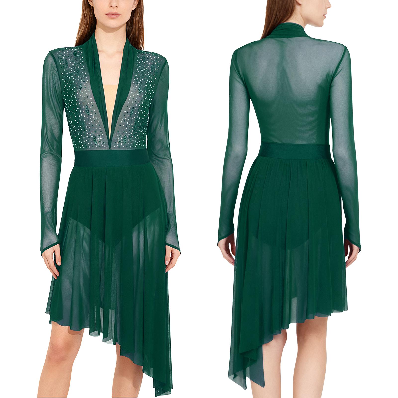 

Women s Lyrical Competition Dress S-XXL: Sheer Mesh Long Sleeve Rhinestone Dress with Built-In Button Briefs & Ruffled Finish S зелений