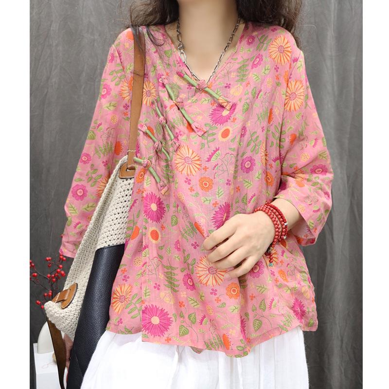 Asymmetrical Linen Frog Button Chinese Style Shirt, Spring/Summer 2026, Slimming Three-Quarter Sleeve Pullover.