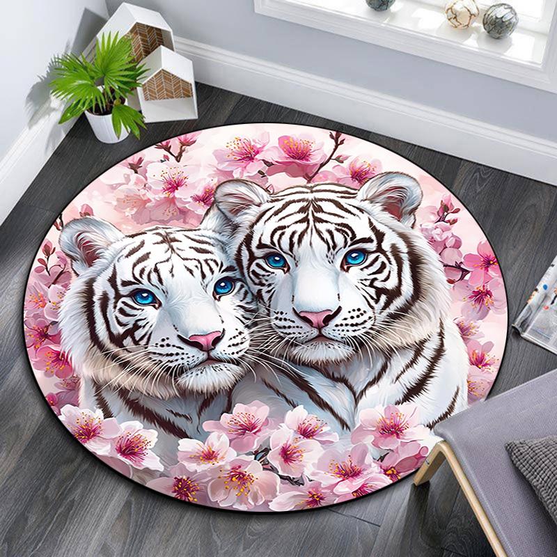 White Tiger Round Area Rug,Carpet Rug for Living Room Bedroom Sofa Playroom Decor,Non-slip Floor Mat