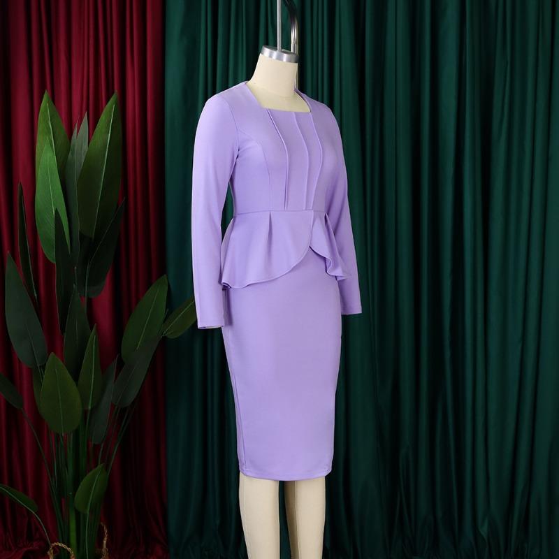 Übergröße Damen Elegantes Langarm-Quadratischer Ausschnitt Hohe Taille Bleistift-Midi-Kleid