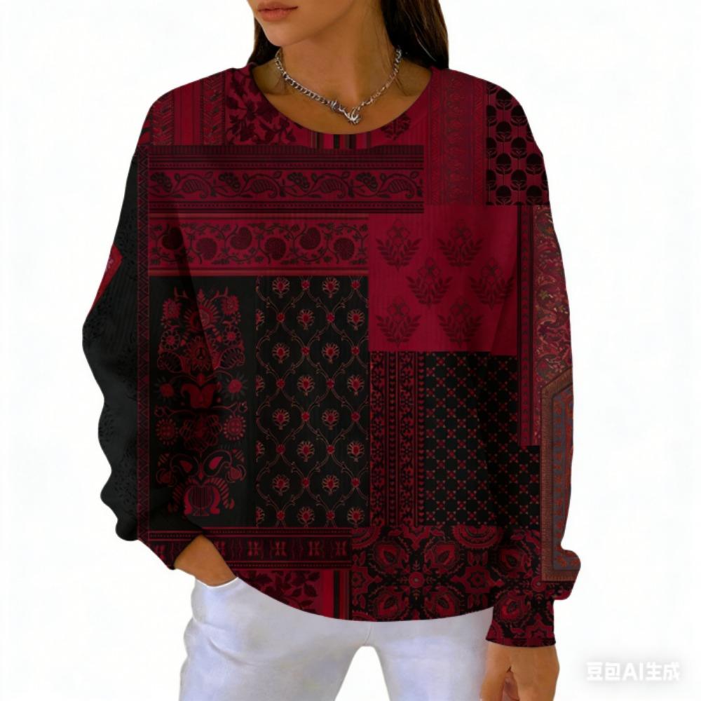 Spring Fashion Women's T-shirt Casual Vintage Print Pullover Women Long Sleeve Clothing Outdoor Casual Tees Top