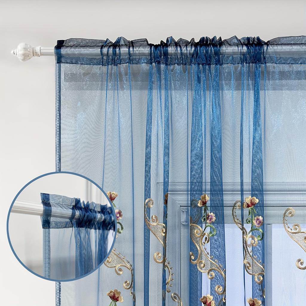 1-Panel Luxury Blue Embroidered Sheer Curtain - Light Filtering, Vintage Flower Pattern, Lace Voile Draperies for Living Room, Bedroom, Dining Room