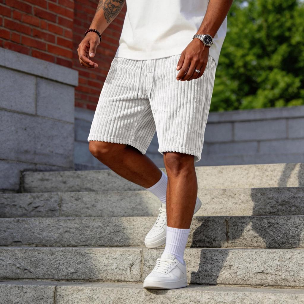 Men’s Corduroy Shorts with Patch Pockets Relaxed Fit Mid Length Elastic Waistband Casual Design