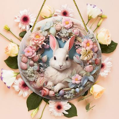 Easter Bunny Ornament 2D Flat Acrylic Welcome Sign Rustic Cartoon Rabbit Hanging Decor for Front Door Wall Decoration