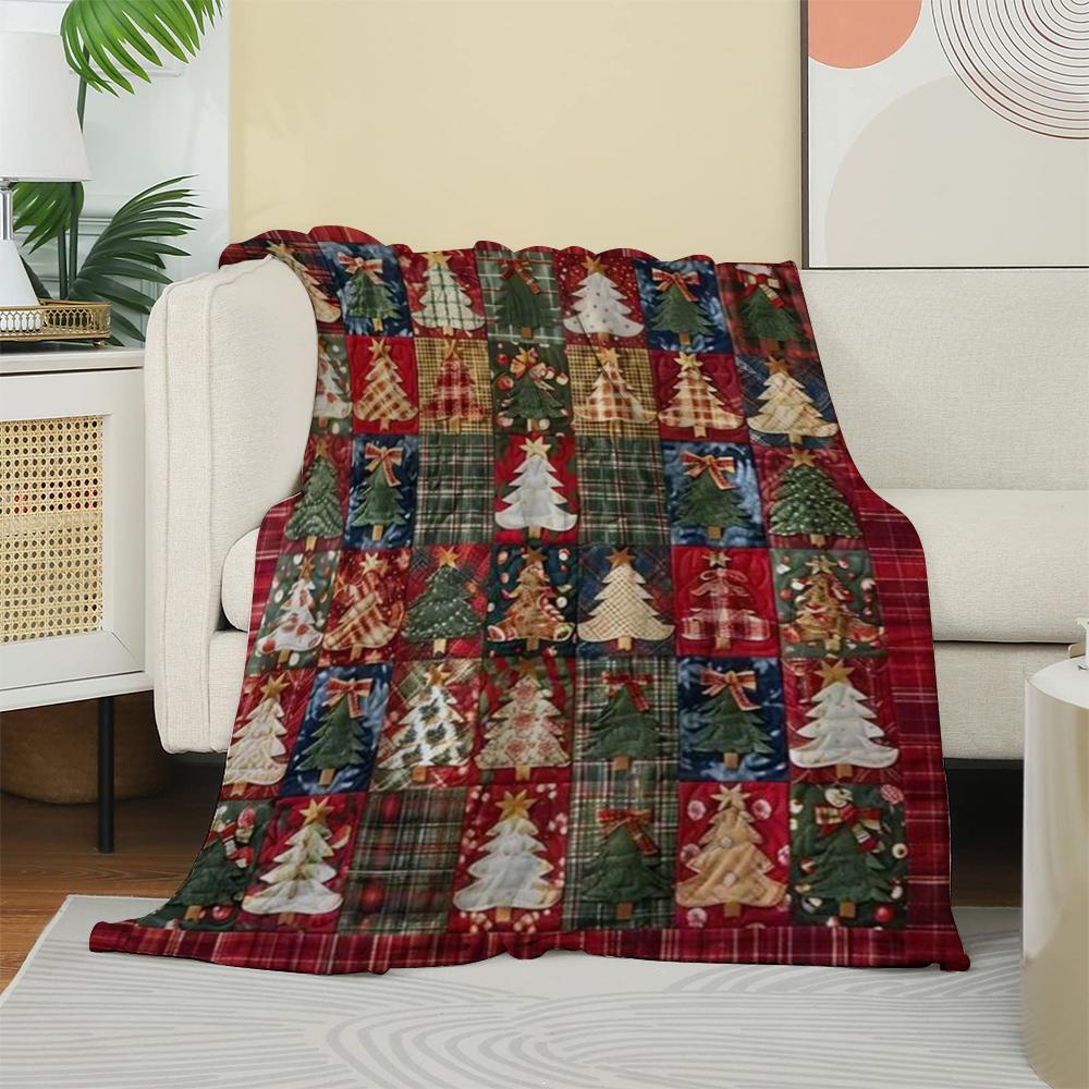 Christmas Patchwork Christmas Tree Pattern Fleece Blanket, Festive Winter Holiday Throw Blanket with Plaid Design  Portable Home